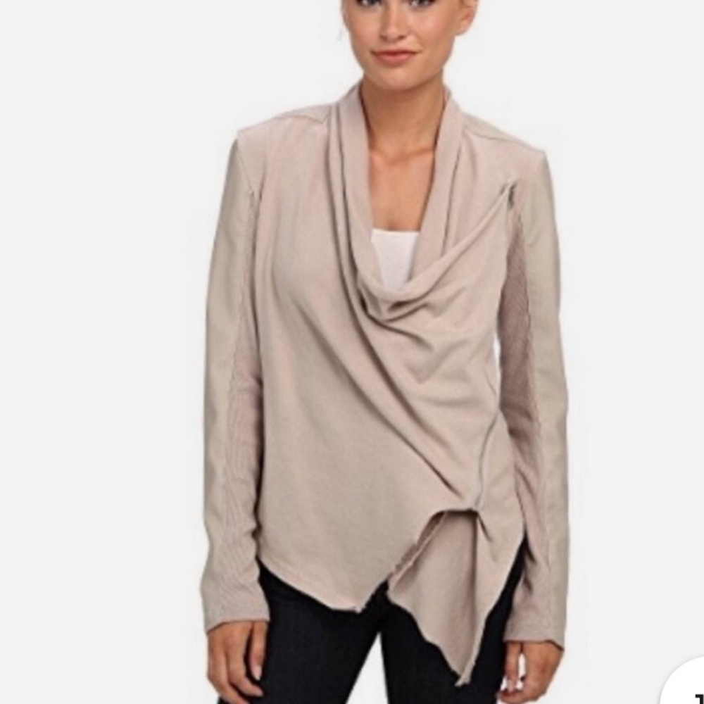BLANK NYC DRAPED PONTE JACKET TAUPE SAND COLOR SILVER TONE ZIPPER SIZE XS